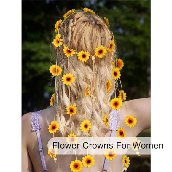 Flower Hippie Headband Floral Crown Behemain Sunflowers Beads Adjust Headdress - Picture 6 of 7